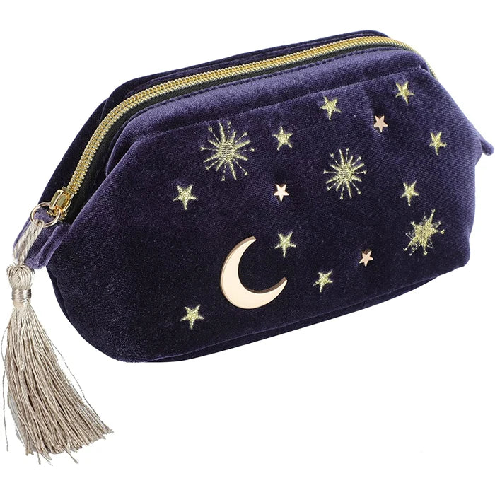 Handy RUTH Cosmetic Makeup Bag Navy Velvet Embroidered Applique Diamond Lattice Punch Medium Size Tassels