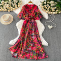 Women's Summer French Printed Strap Waist with Lotus Leaf Edge Elegant Cross V-neck Bubble Sleeve Dress