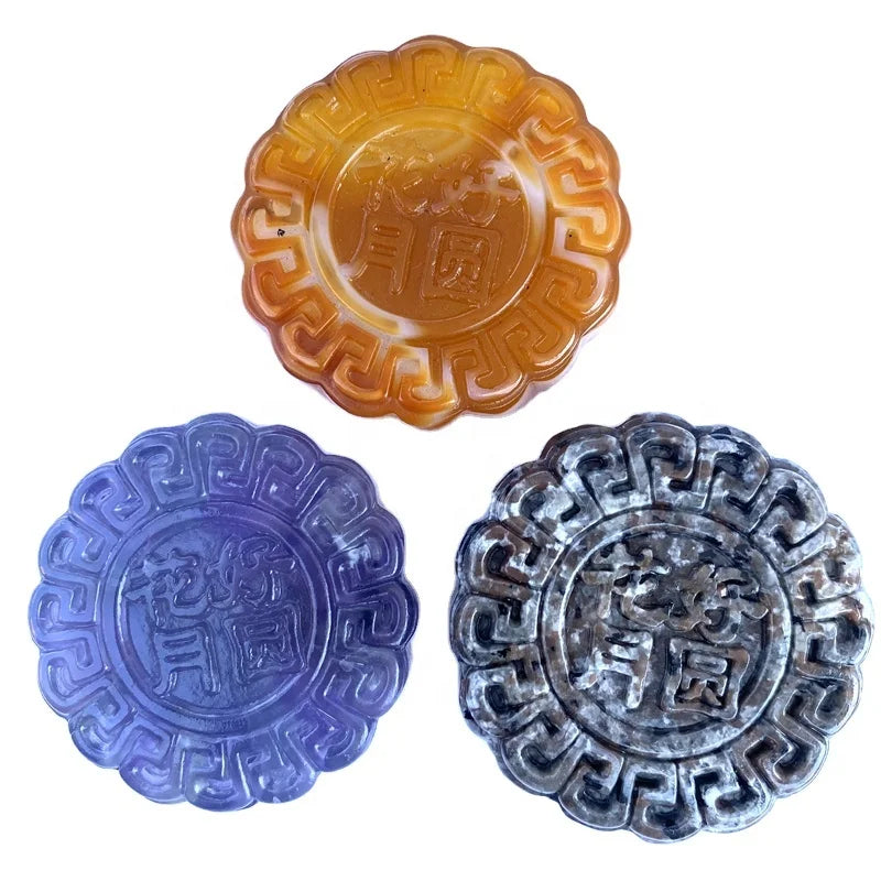 Wholesale different materials green aventurine crystal purple fluorite carved moon cake shaped healing crystal stone