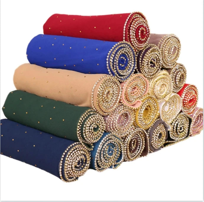2026 Middle Eastern Luxury Ladies Chiffon Diamond Headscarf Soft Ethnic Muslim Women's Long Scarf Shawl Solid Traditional Design