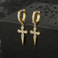 Stylish Gold Filled Cubic Zirconia Sword Cross Pendant Earrings Punk Unisex Couple Studs Jewelry for Men and Women