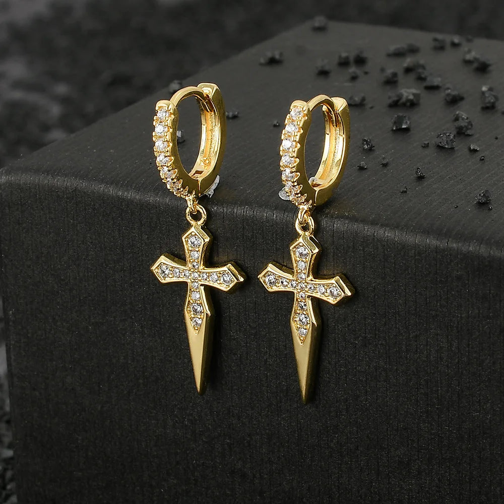 Stylish Gold Filled Cubic Zirconia Sword Cross Pendant Earrings Punk Unisex Couple Studs Jewelry for Men and Women
