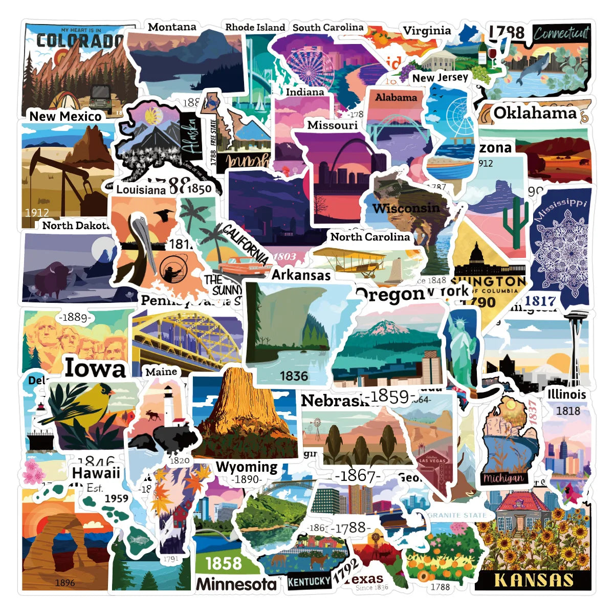 50Pcs New US Continent Map Cartoon Graffiti United State Kid Notebook Wall Scrapbook Decoration Geography Learning Stickers