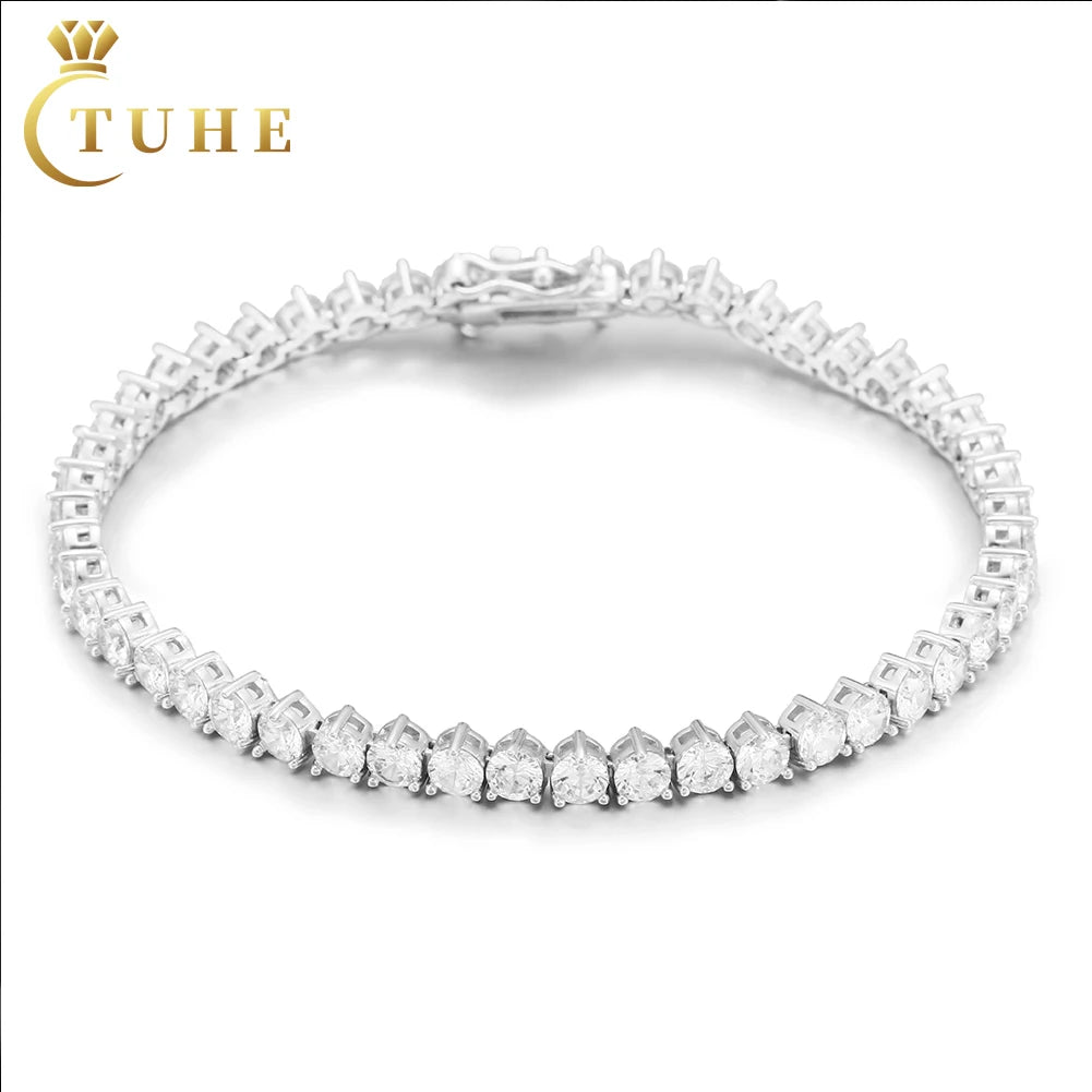 Wholesale Fashion Hip Hop Jewelry Femme 4mm White Gold Plated Brass 3 Prong Setting AAAAA CZ Diamond Tennis Bracelet