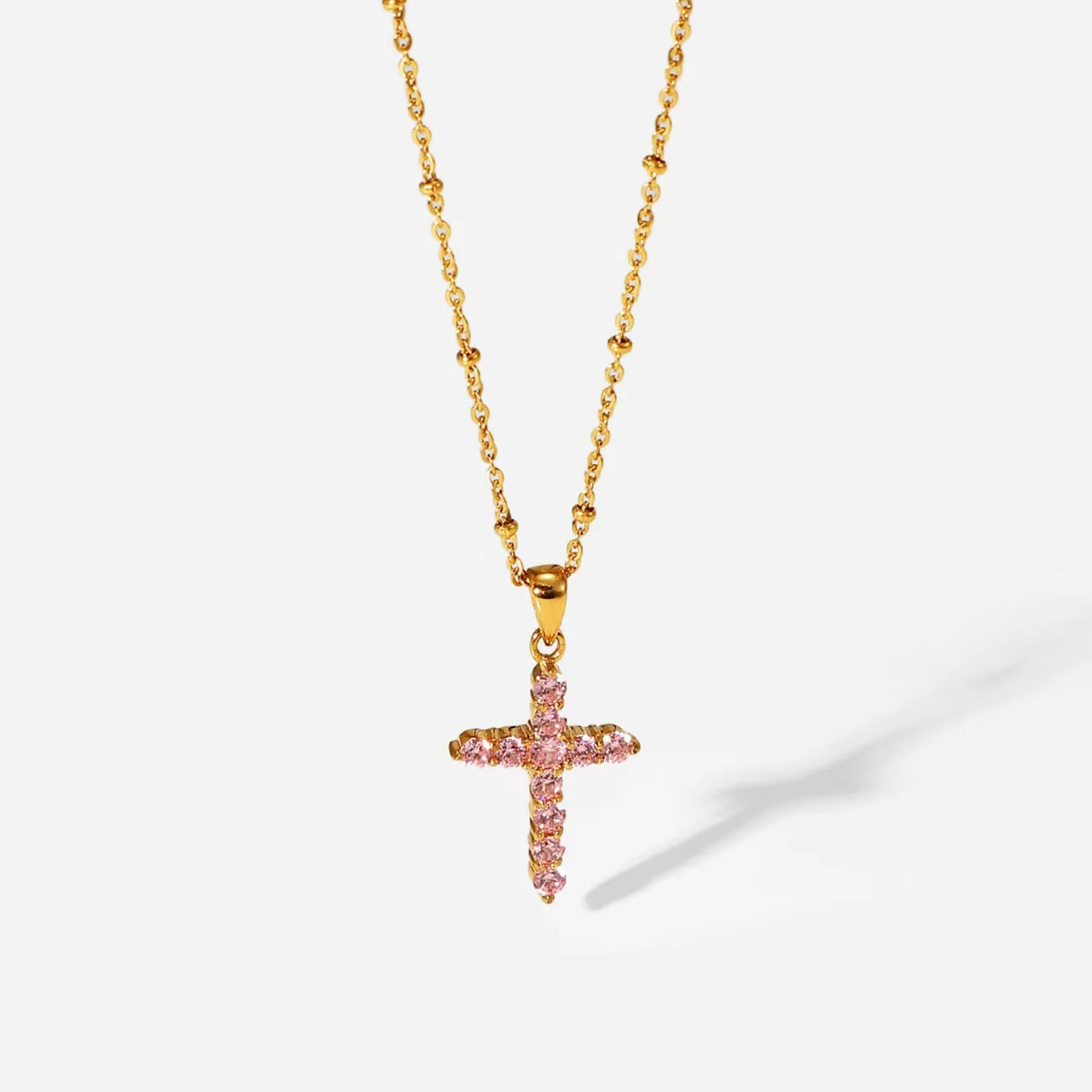 2022 New Dainty Tiny 14k Gold Plated Stainless Steel Beaded Chain Womens Christian Gold Diamond Cross Pendent Necklace