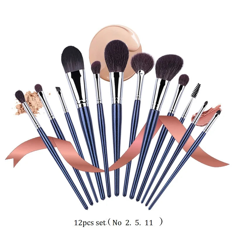 Private Label Natural Hair Makeup Brushes 12Pcs Blue Glitter Makeup Brushes With Bag