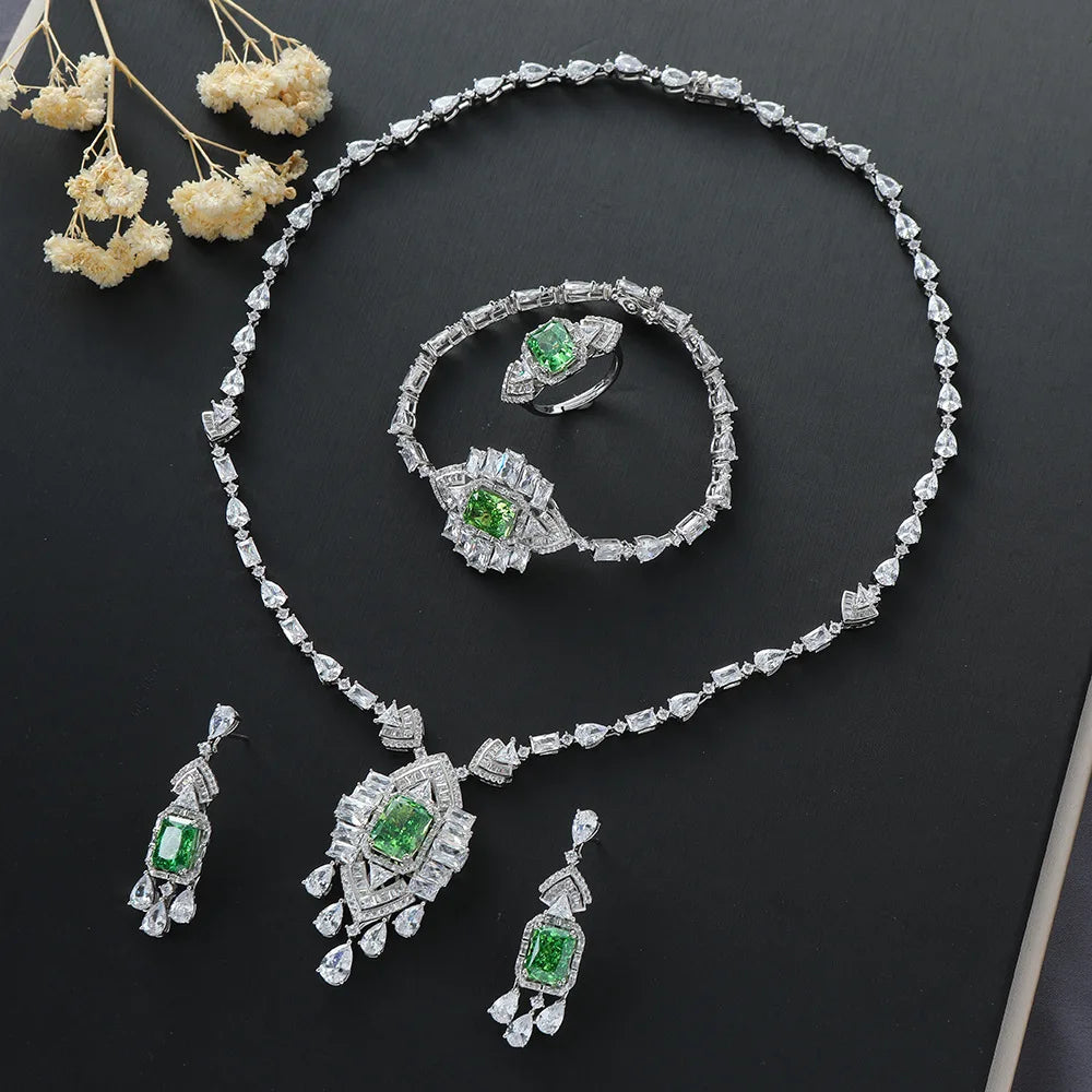 Luxury Middle East Dubai Jewelry Sets Radiant Cut Green Zirconia Fine Jewelry Sets Women Necklace Wedding Jewelry Set