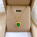 Fashion Women's Green Rhinestone 18K Gold Plated Stainless Steel Chain Heart Pendant Necklace Jewelry Wholesale