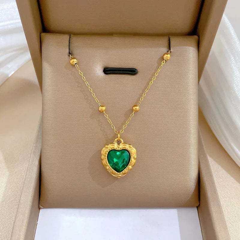 Fashion Women's Green Rhinestone 18K Gold Plated Stainless Steel Chain Heart Pendant Necklace Jewelry Wholesale