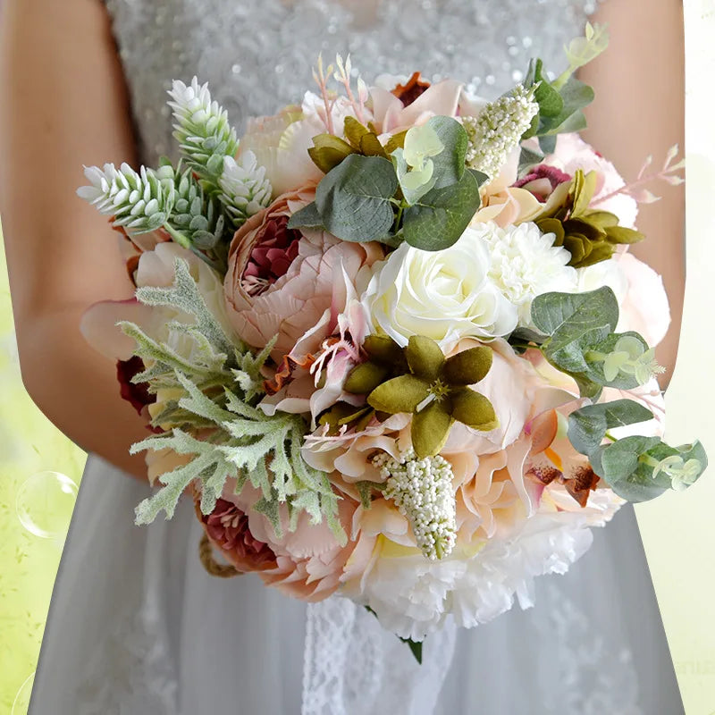 E-078 Wholesale  Popular Style PU Fake Baby Breath Calla Lily Flowers Wedding Bouquet Bridesmaid Artificial Peony Bouquets