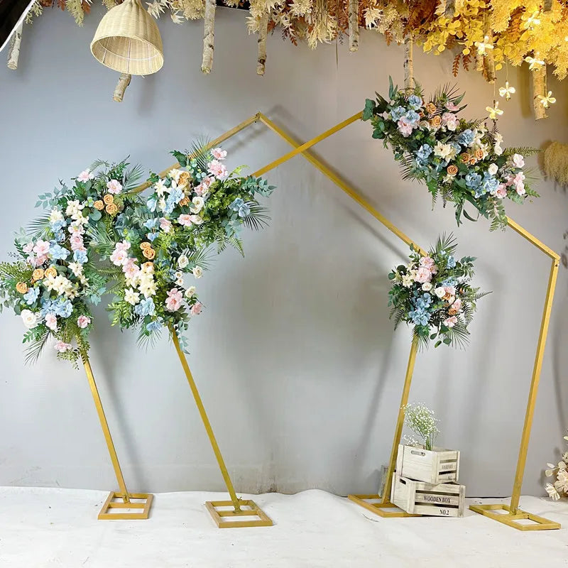 Outdoor Wedding Metal Stage Furnishing Articles Gold Wrought Iron Pentagon Shelf with Geometry Arch Party Backdrop Decoration