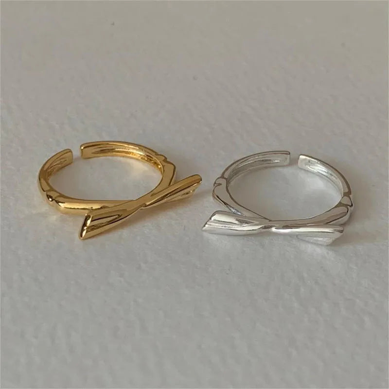Simple INS 925 Sterling Silver 18K Gold Plated Bowknot Shape Open Rings for Women Popular Jewelry