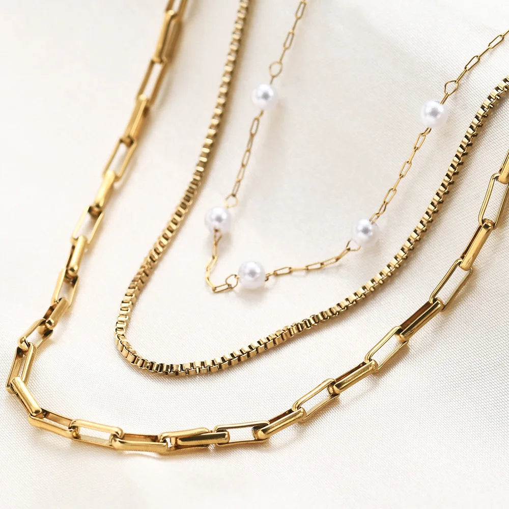 Zhongzhe Layered Pearl Necklace 18k Gold Stainless Steel Stack Pearl Minimalist Thin Chain Necklaces Trendy for Wedding Party