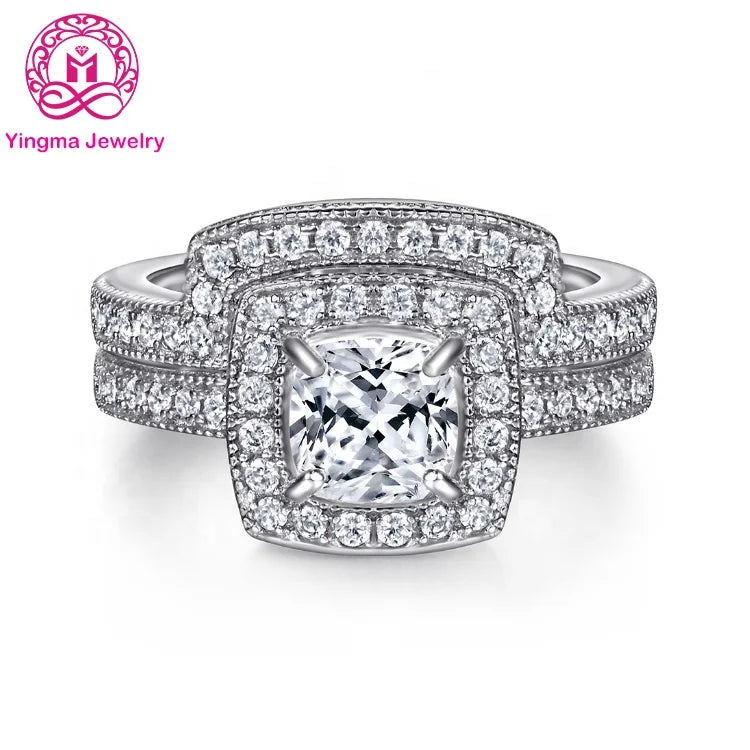 925 Silver CZ Jewelry 6 X 6 mm Cushion Cut Ring Set 1 Carat Diamond Ring Women for Christmas