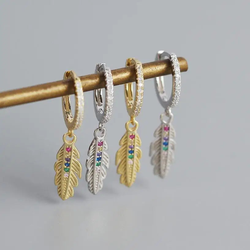 Bohemian Chic Small Huggie Hoop Earrings Feather Charm Gold Sterling Silver Women's Fashion Accessories Cute Boutique Items Gift