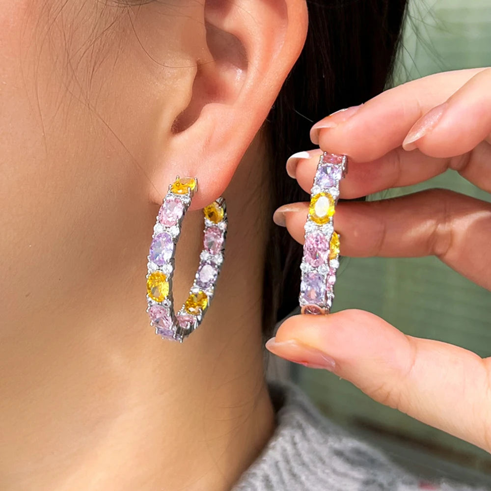 Fashion Jewelry Supplier Hoops Earrings Silver Plated Women Earrings With Aaaaa Cubic Colorful Zirconia Stone