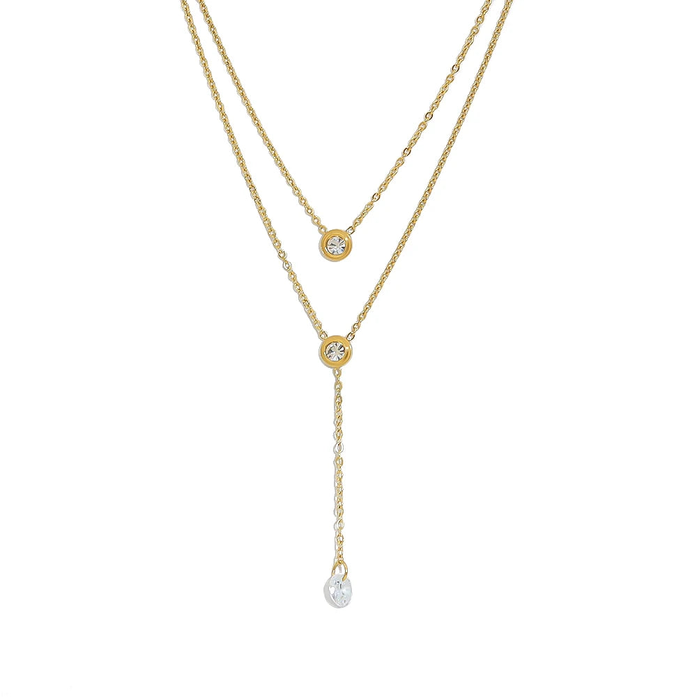 Bohemia Stainless Steel 18K Gold Plated Double Layer White Y Shape Link Chain Classic Pendant Necklace Women