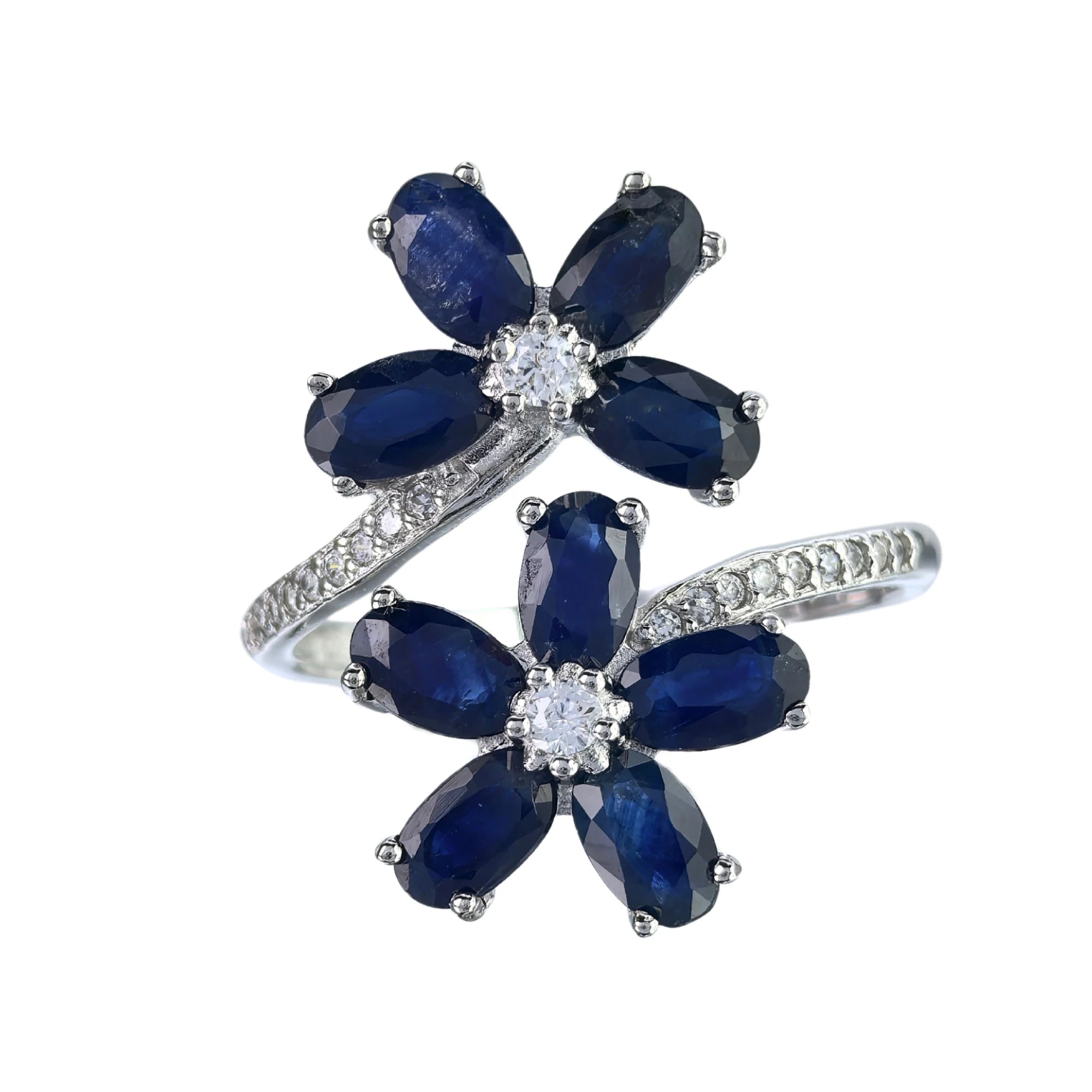 Factory Wholesale Rhodium Plated 925 Silver Jewelry Natural Sapphire Flower Ring for Women Birthday Gift Party Wear