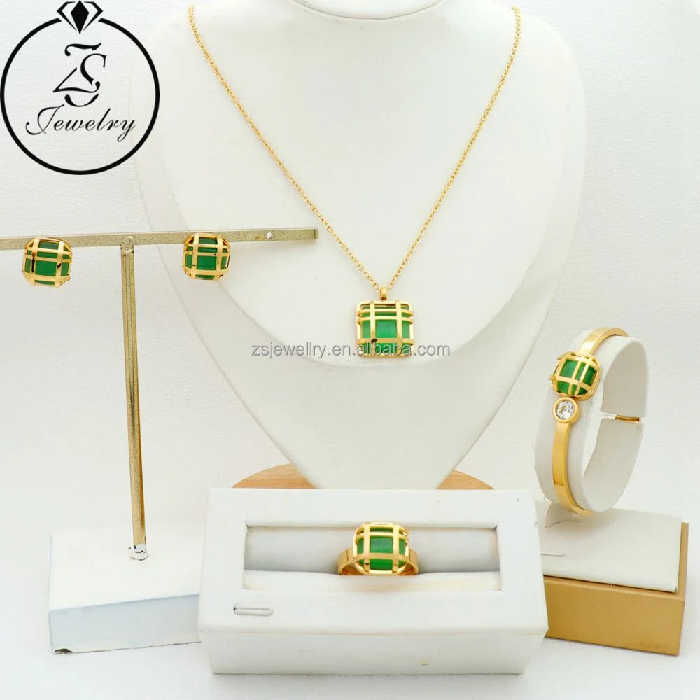 Green Leaf Shaped Bridal Big Stone Luxury Stainless Steel Gold Plated Wholesale Bracelet Necklace Women Girl Gift Sets