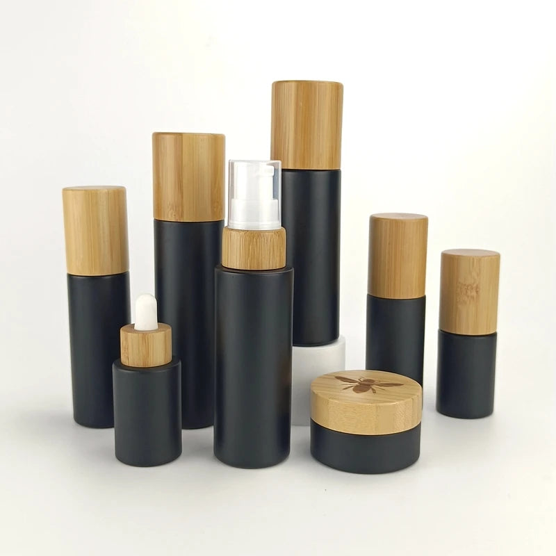 Matte Black Glass Bottle 30ml 50ml 100ml Cosmetic Serum Bottle 30g 50g 150g 200g Matte Black Cosmetic Glass Jar with Bamboo Lid