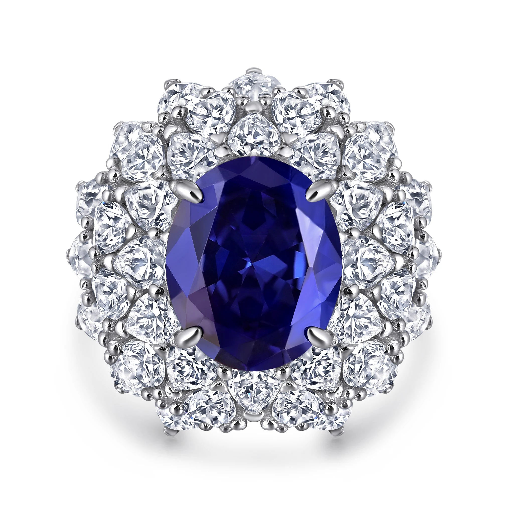 Luxury Halo Ring Oval Cut Blue Zircon Stone Four Prongs White Gold Colour 925 Sterling Silver Engagement Wedding Ring