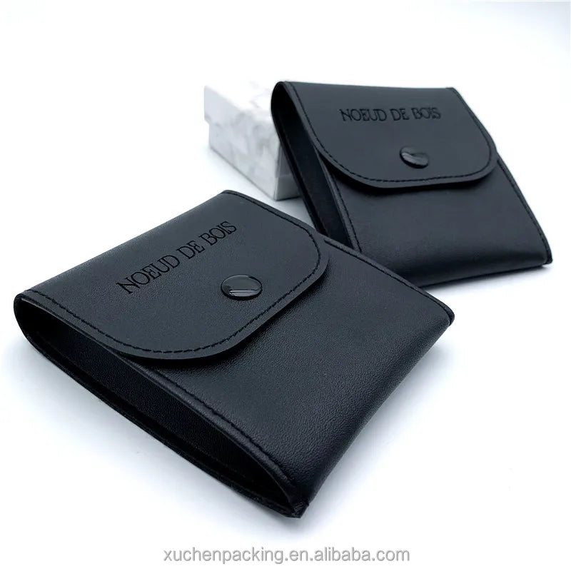PU Leather Jewelry Bag for Necklace Bracelet Ring Watch Earphone Vintage Black Faux Leather Jewelry Pouch With Snap Button
