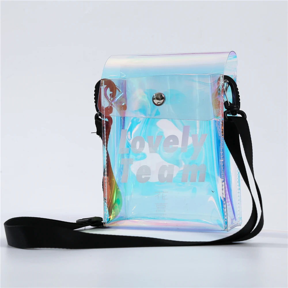Women Girl Lovely Holographic Iridescent Clear PVC Crossbody Tote Bag Hologram TPU Clutch Gift Case