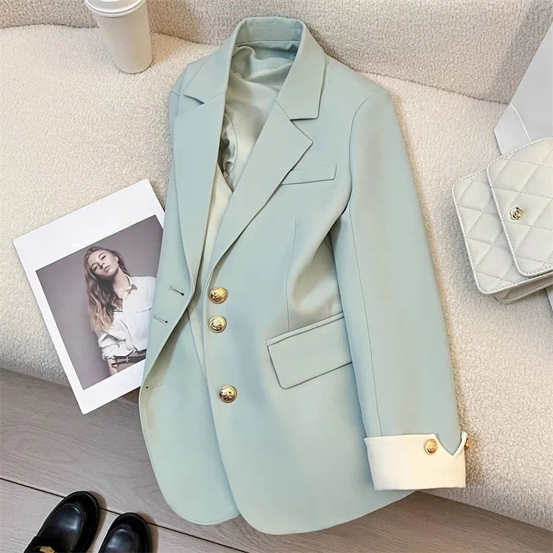 New Fashion Office Lady Coat Long Sleeve Buttons Pockets Plus Size Top Spring Autumn Women Blazer Coat