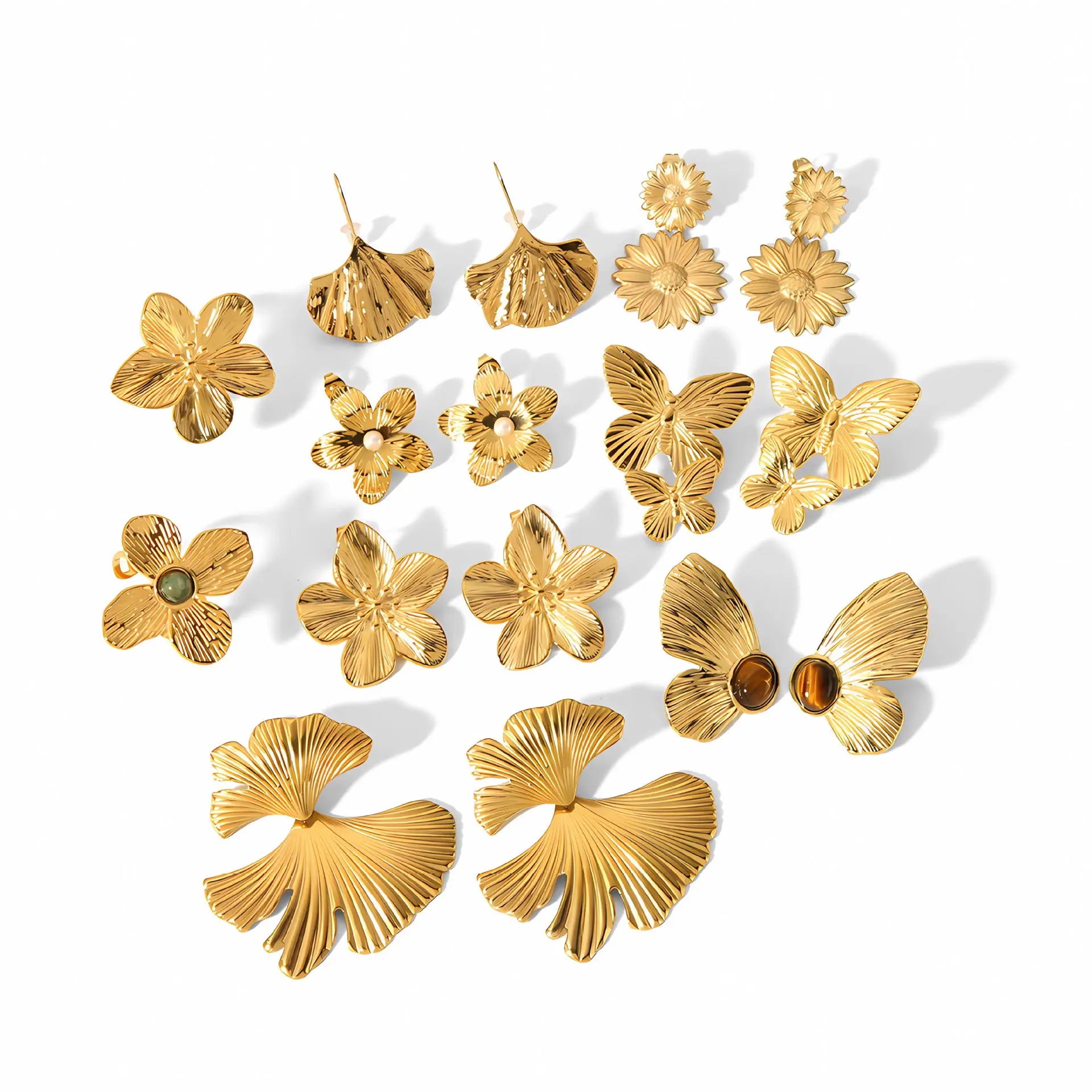 French 18K Gold Plated Vintage Stainless Steel Flower Butterfly Leaf Stud Earrings Ring for Women Boucle D'oreille Bijoux