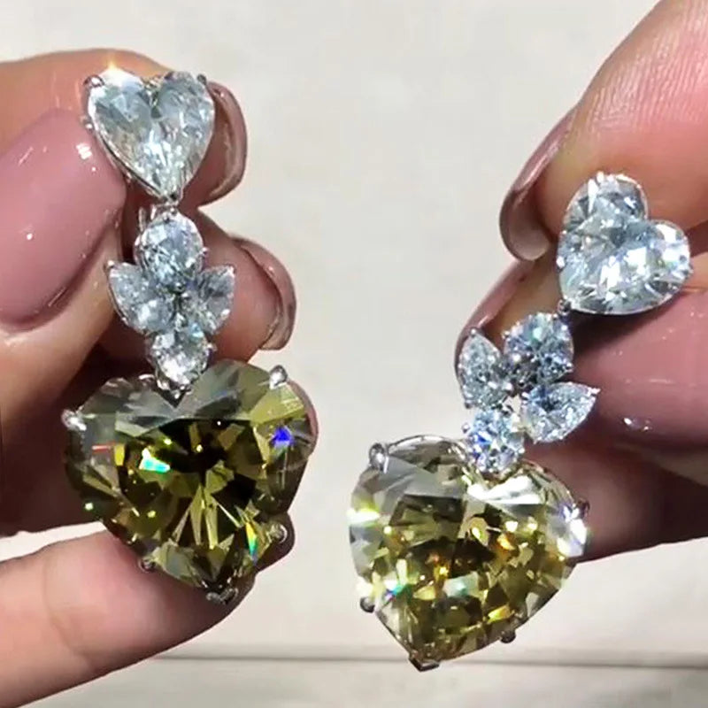 Huitan Romantic Heart White Olive Green Crystal Pure Drop Earrings Silver Sweet Lovely Earrings for Women