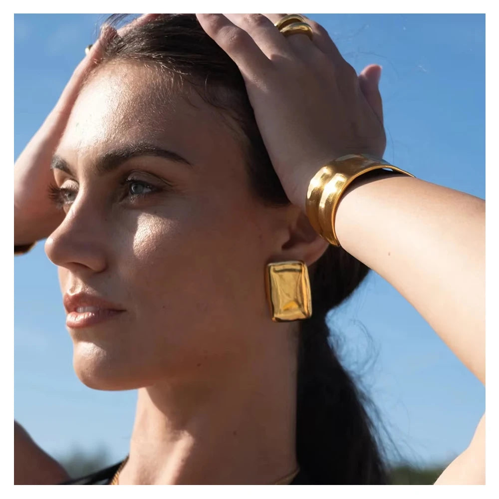 Statement 18K PVD No Fading Earrings Stainless Steel Gold Chunky Irregular Textured Square Earrings Stud
