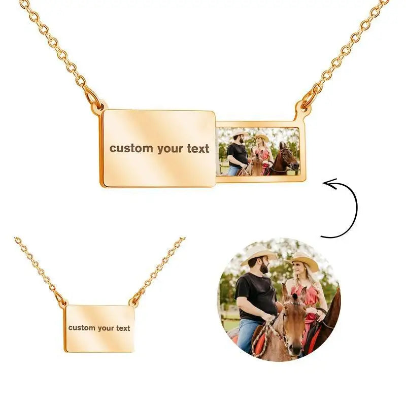 Qiuhan  Stainless Steel Vacuum Plating Picture Drawer Type Custom Name Photo Necklace