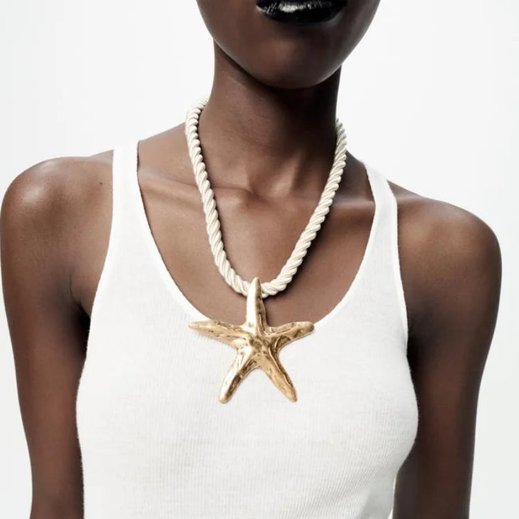 ZA Thick White Rope Chokers Necklaces for Women Vintage Metal Starfish Pendant Necklace Summer Beach Vacation Collar Jewelry
