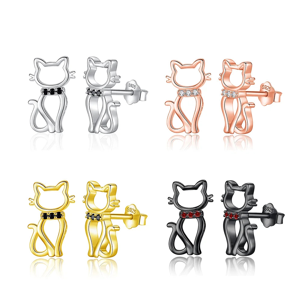 Merryshine 925 Sterling Silver Lovely Pet Cubic Zirconia Rose Gold Pleated Cute Cat Stud Earrings