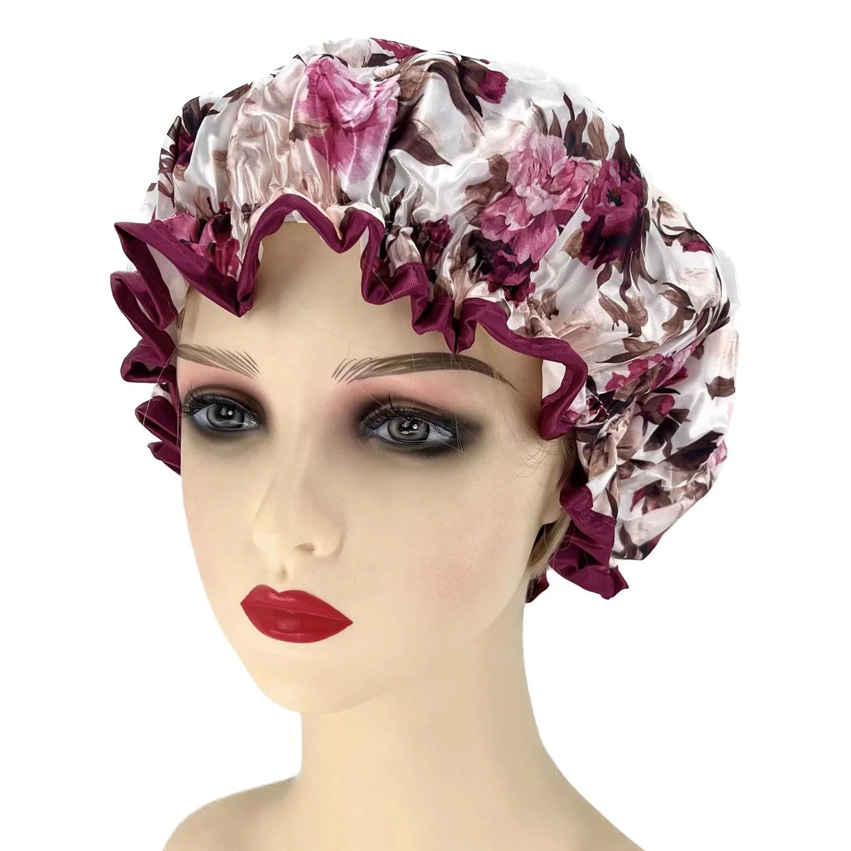 Popular Peony Printing Big Size Double Layer Bath Shower Cap Satin Hair Waterproof Spa Cap