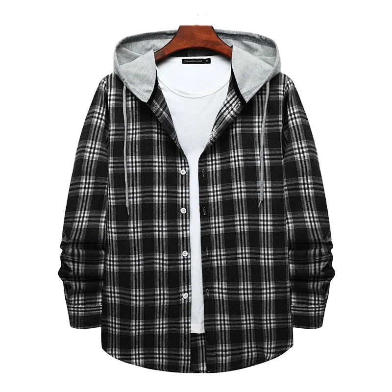 RNSHANGER New Mens Plaid Hooded Checked Shirt Autumn Classic Casual Loose Long Sleeve Shirts Harajuku Style Hoody Shirts