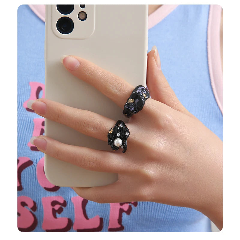 2024 New Arrival Fashion Unisex Handmade Oil Drop Finger Ring Ins Trendy Pearl Enamel Ring Y2K Jewelry for Women Men
