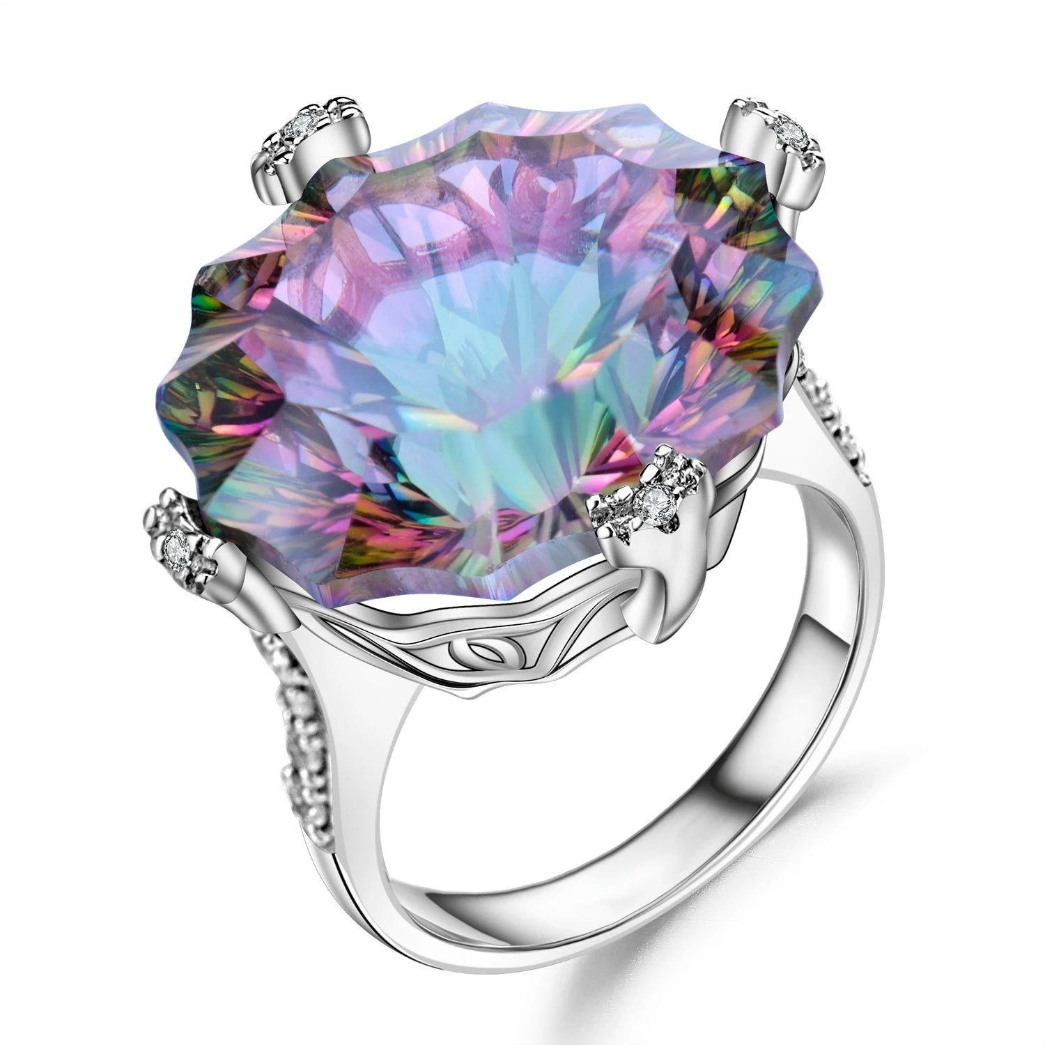 SD002 Abiding 925 Sterling Silver Luxury Wedding Natural Rainbow Mystic Quartz Gemstone Rings for Woman