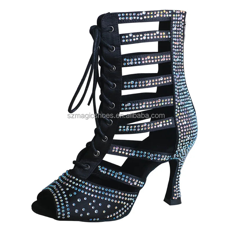 Customized Rhinestone Latin Dance Boots Woman 9CM High Heel Dancing Sandal Boot