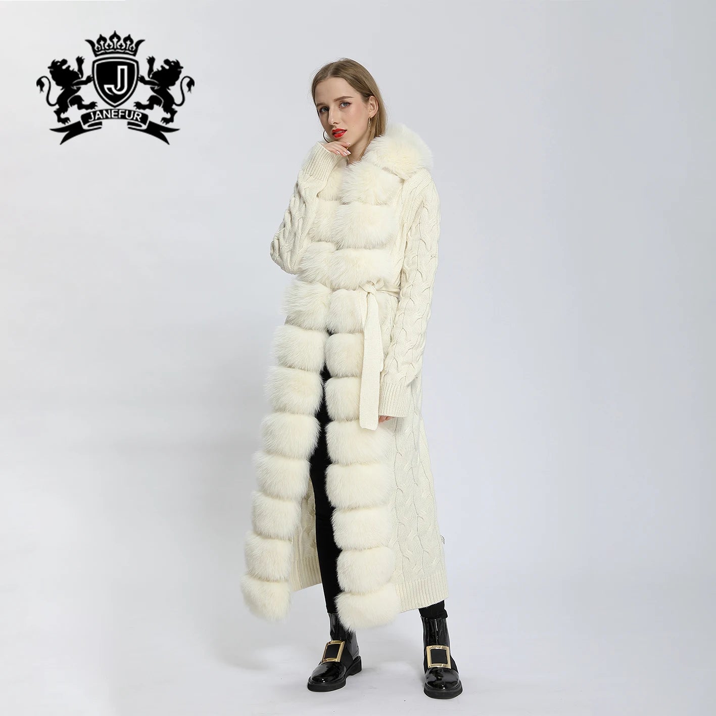 Janefur Russian Popular Women's Natural Fur Coat Long Ladies Real Fox Fur Coat Fur Sweater Hooded 120-125cm Length Knit Cardigan