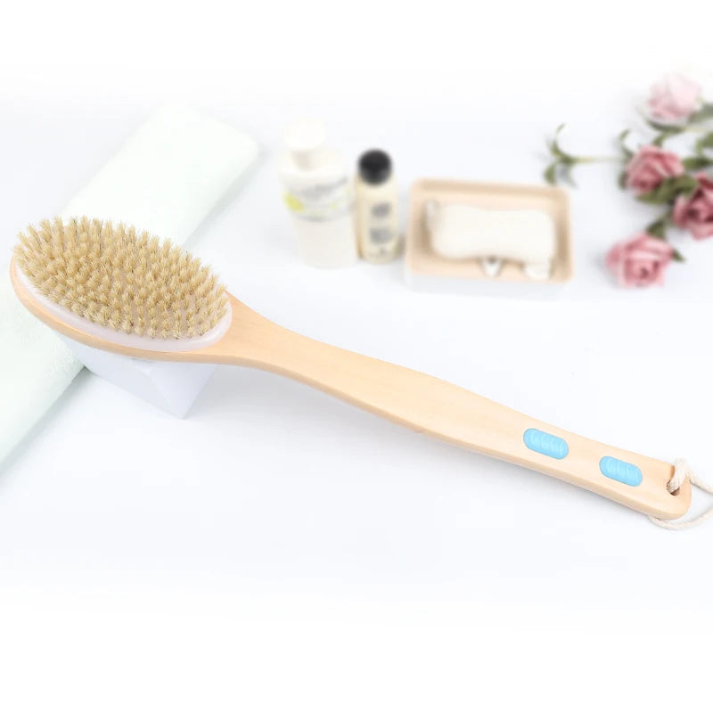 Double-sided Body Brush Long Handle Wood Bath Brush  Exfoliating Boar Bristle Lymphatic Brush Dry Body Brush