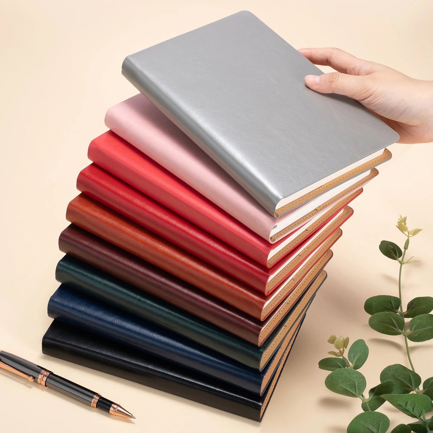 Thick Classic Black PU Leather Notebook A5 Custom Hardback Colorful Faux Leather Journals Business Replaceable Notebooks