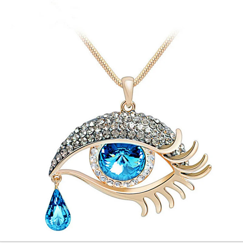 Fashion Teardrop Eyelash Crystal Necklace Long Sweater Necklace Glamorous Devil Eye Women Jewelry Necklace