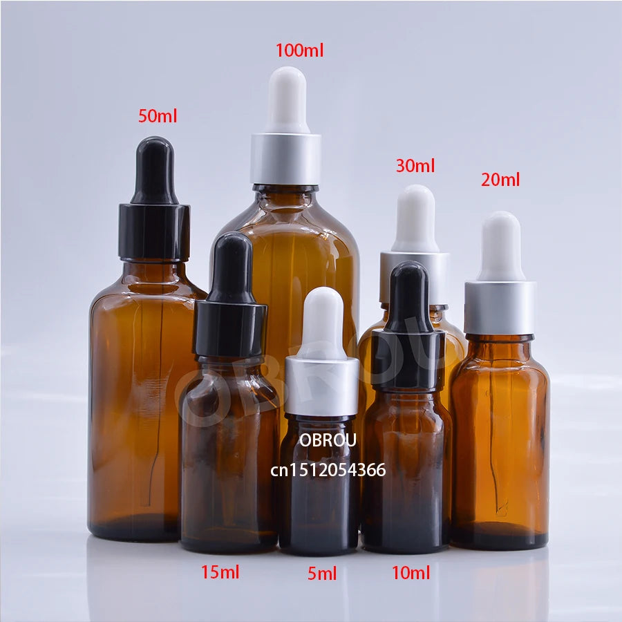 Premium Amber Glass Serum Oil Dropper Bottle Packaging 5ml 10ml 30ml 50ml Dropper Essential Oil Bottle with Black Rubber Head