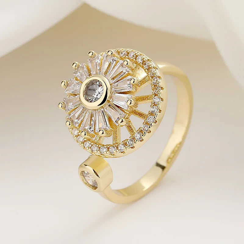Exquisite Trendy Crystal Zircon Rotatable Open Ring Crystal Anxiety Relief Spinning Ring for Women Girls Jewelry Wholesale