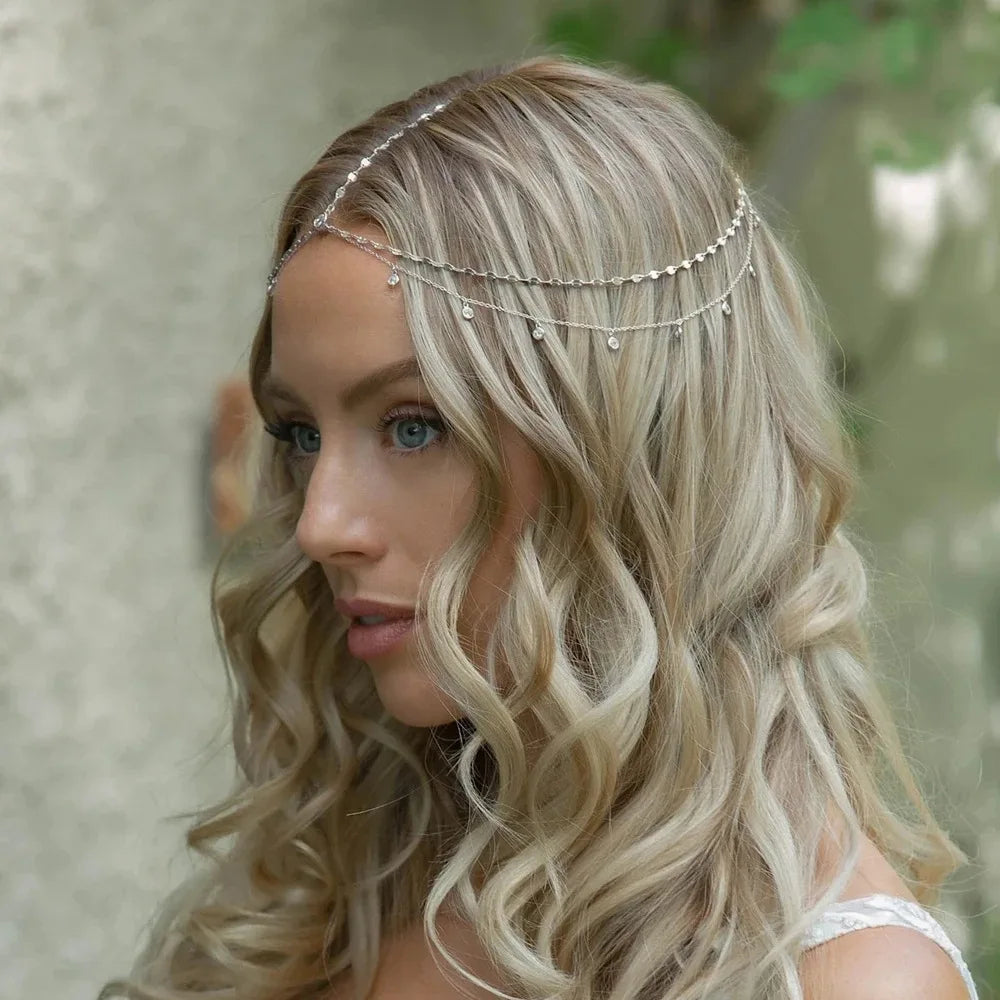 Indian Style Luxury Hair Accessories for Women Silver Rhinestone Crystal Leaf Wedding Headwear Diamond Flower Water Drop Tassel