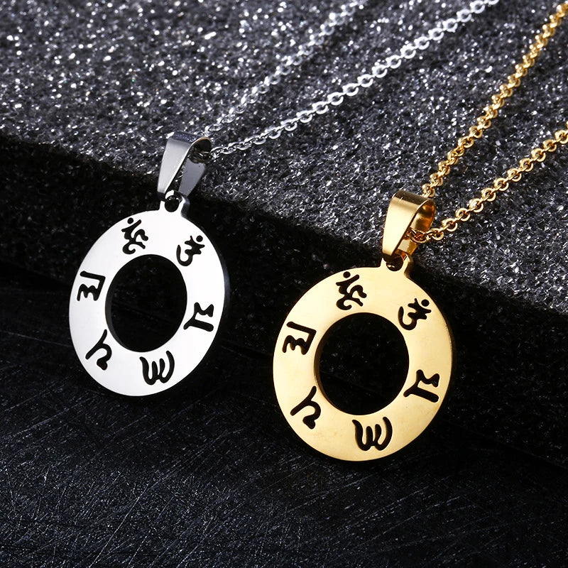 Tibetan Buddhist Mantra Om Mani Padme Hum Hollow Circle Pendant Necklace Custom Gold Letter Symbol Engraved Necklace Men Women