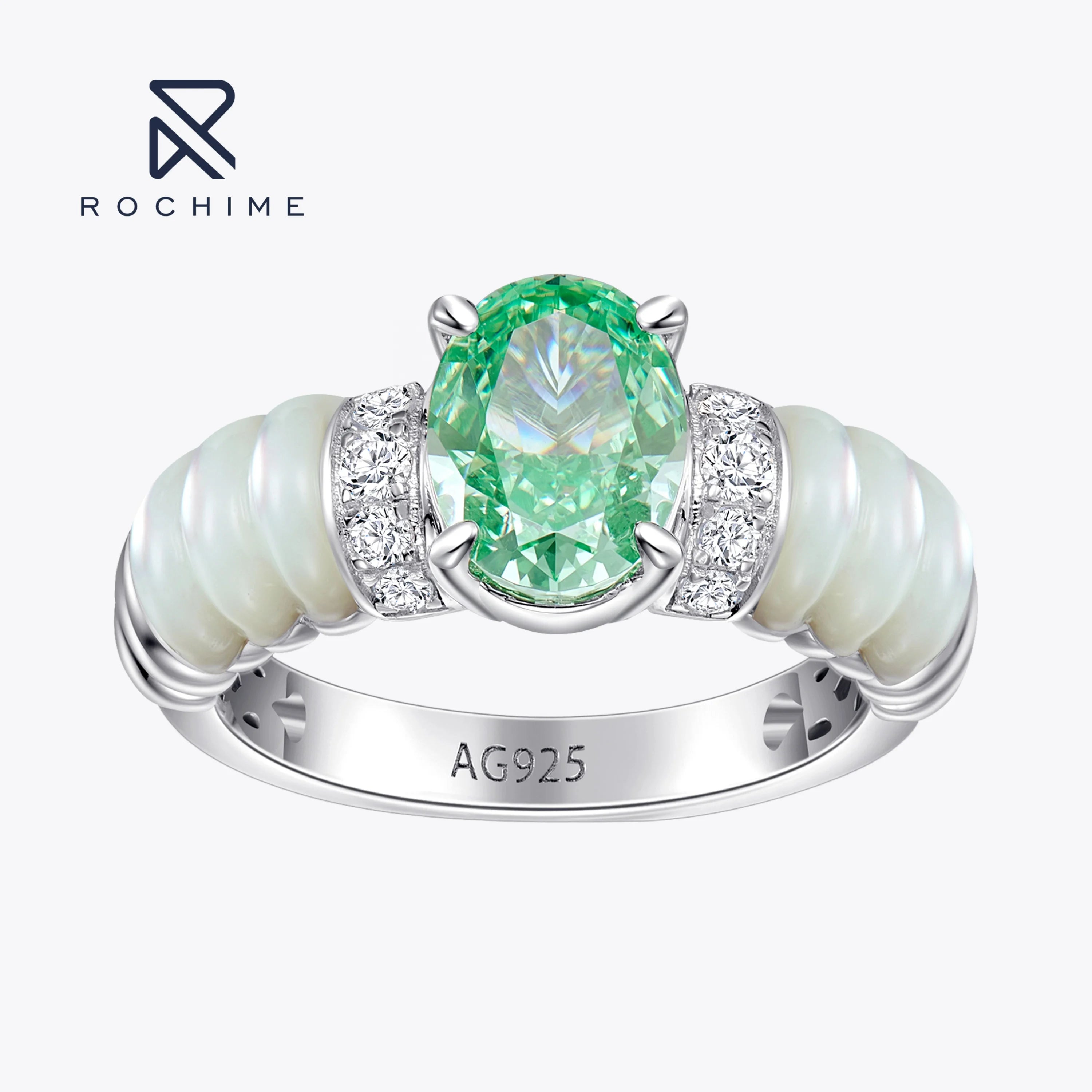 Rochime New Arrival Design Wave Shaped White Fritillaria Zircon Rings 925 Silver Oavl Cut Jewelry  Ring
