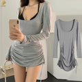 CNSHELL 95% Cotton Square Neck Side Fold Draw String Long Sleeve Wrong Hip Dress Women Sexy
