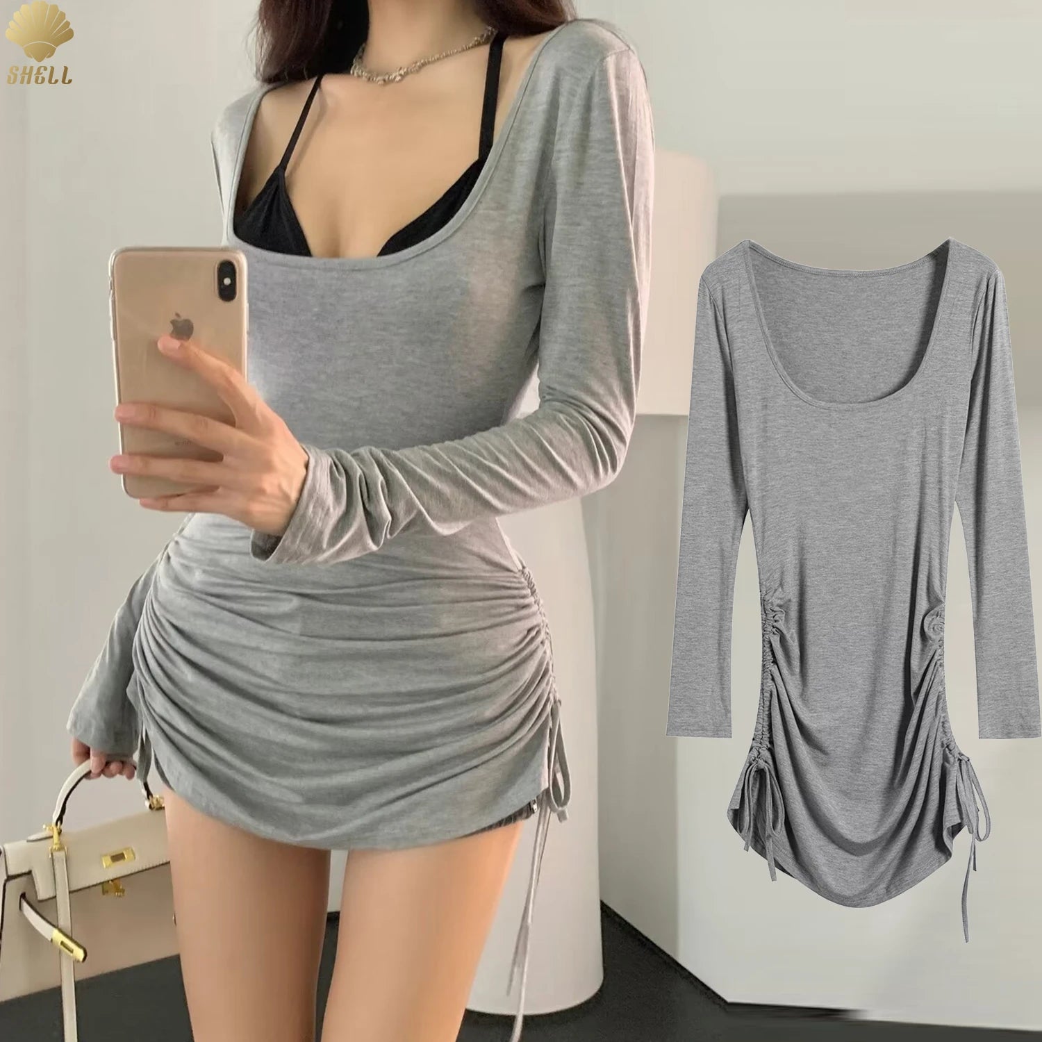 CNSHELL 95% Cotton Square Neck Side Fold Draw String Long Sleeve Wrong Hip Dress Women Sexy